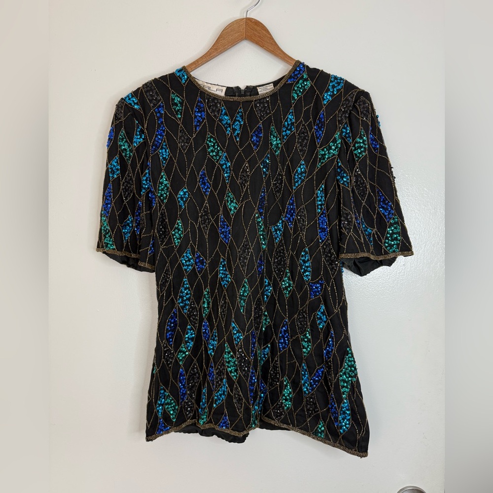 Scala vintage green blue and black sequin and beaded short sleeve top. XL